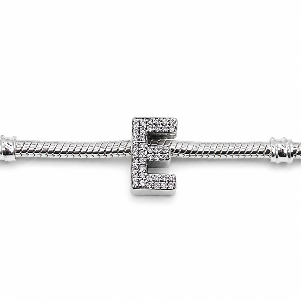 Letter E Sterling Silver Bead Charm - Fits Charm Bracelets and Necklaces.
