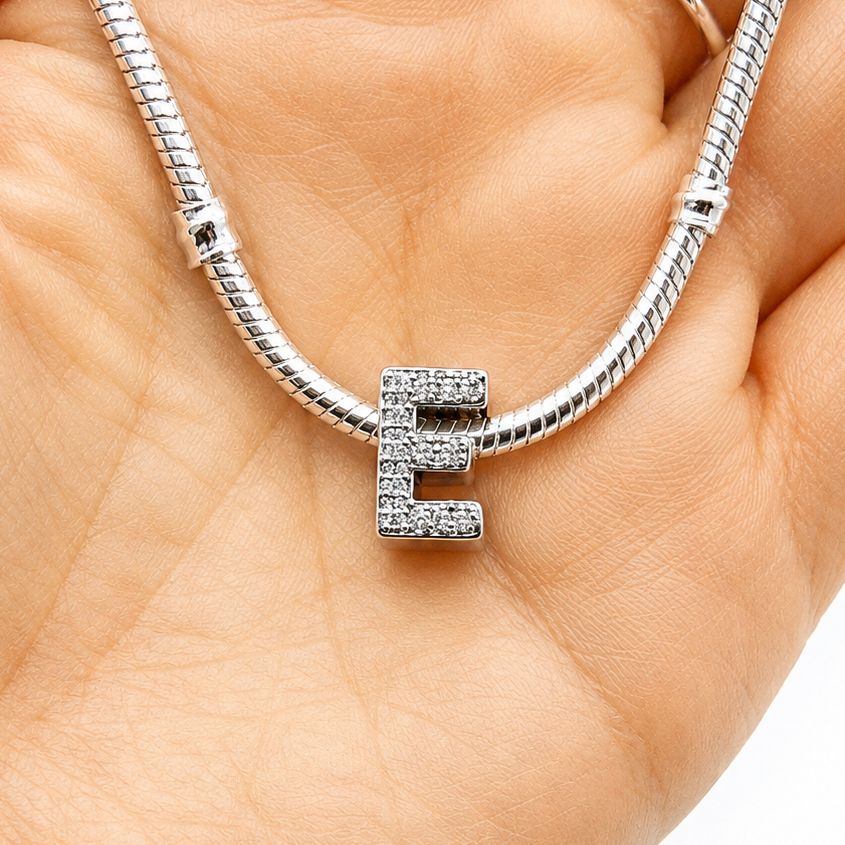 Letter E Sterling Silver Bead Charm - Fits Charm Bracelets and Necklaces.