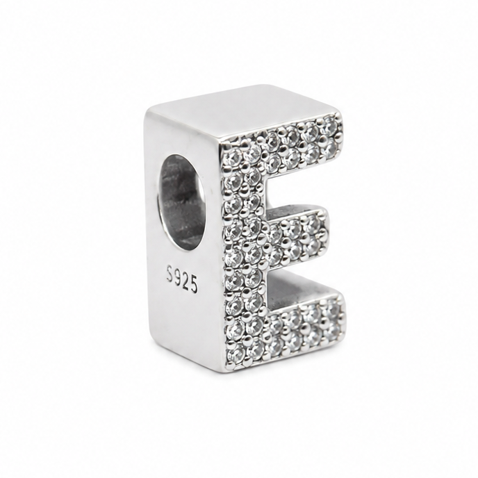 Letter E Sterling Silver Bead Charm - Fits Charm Bracelets and Necklaces.