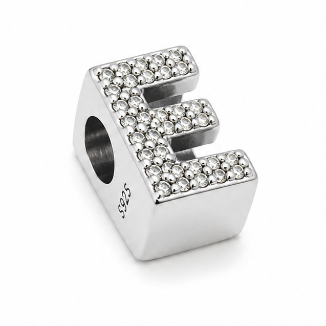 Letter E Sterling Silver Bead Charm - Fits Charm Bracelets and Necklaces.