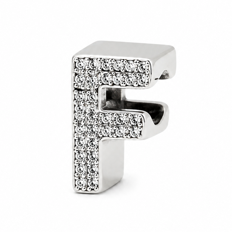 Letter F Sterling Silver Bead Charm - Fits Charm Bracelets and Necklaces.