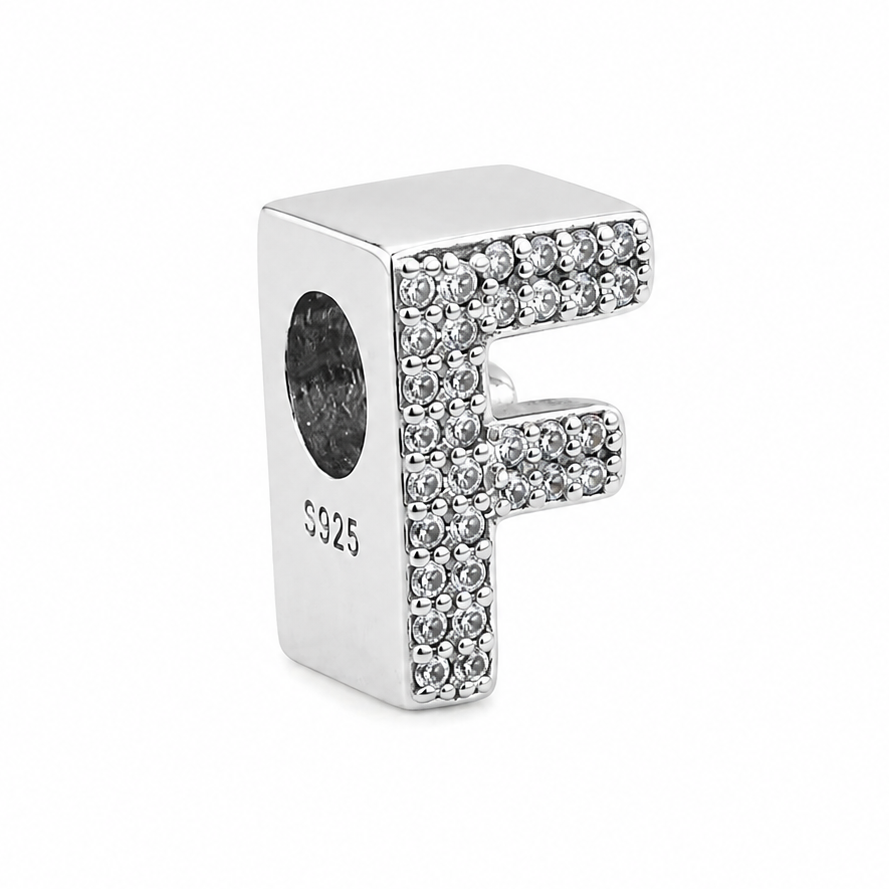 Letter F Sterling Silver Bead Charm - Fits Charm Bracelets and Necklaces.