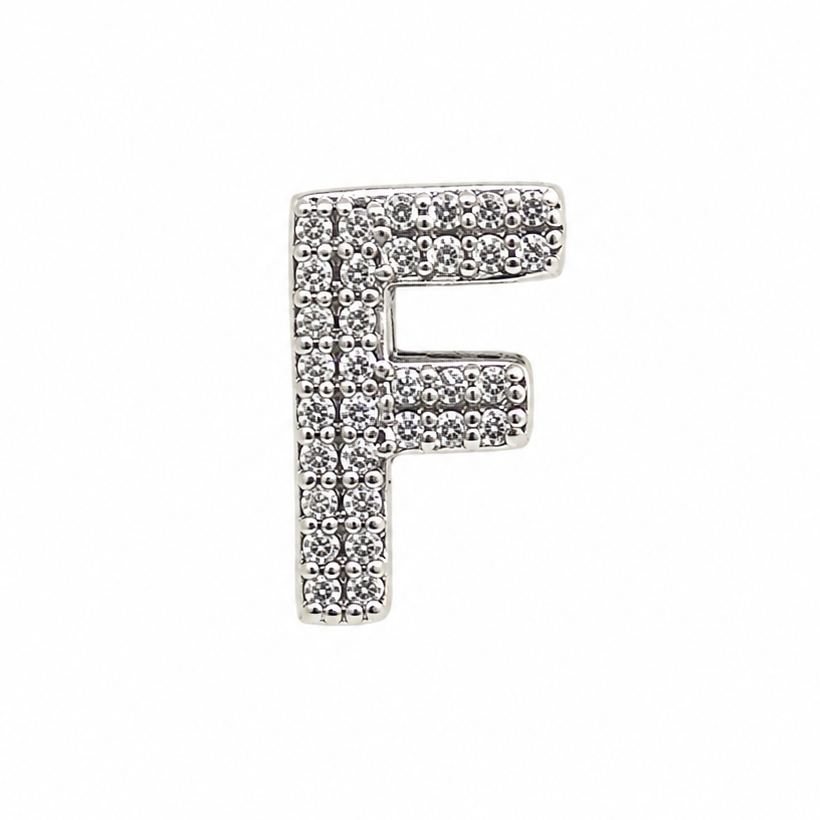 A sterling silver letter 'F' initial charm paved with small clear cubic zirconia stones, centered on a plain white background.