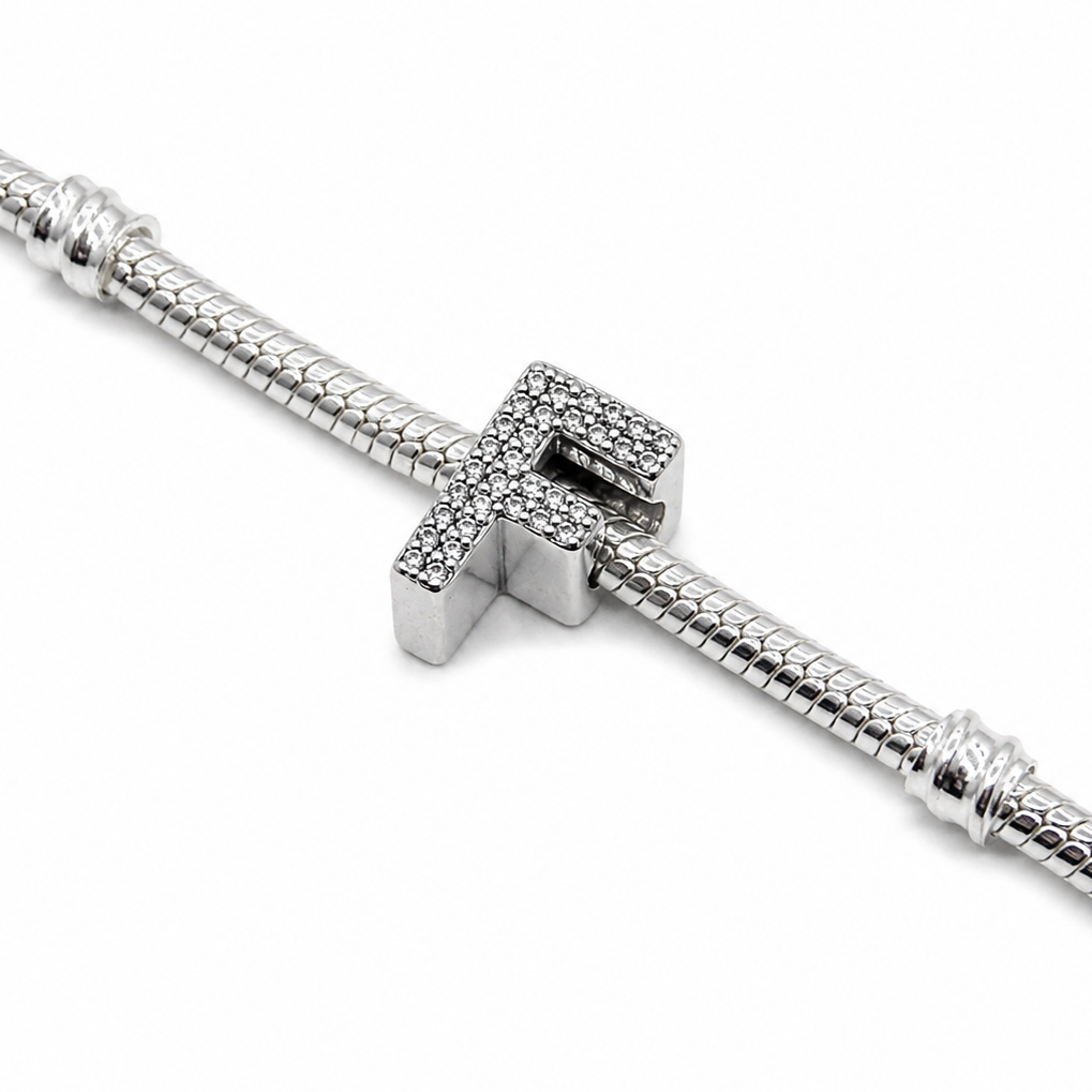 Letter F Sterling Silver Bead Charm - Fits Charm Bracelets and Necklaces.