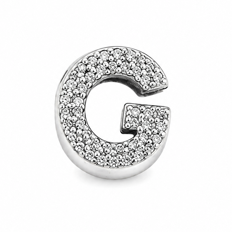 A sterling silver letter 'G' charm embellished with pavé-set clear crystals, centered on a plain white background.