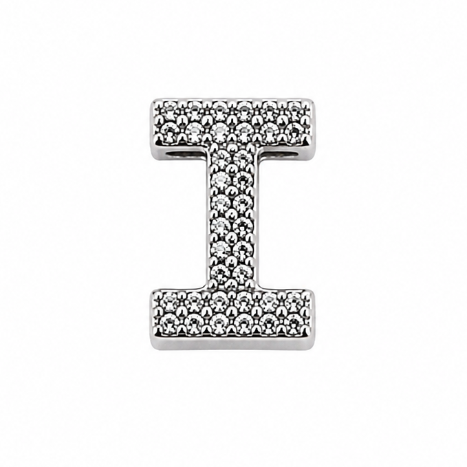 A sterling silver letter 'I' charm embellished with small clear rhinestones, shown on a clean white background.