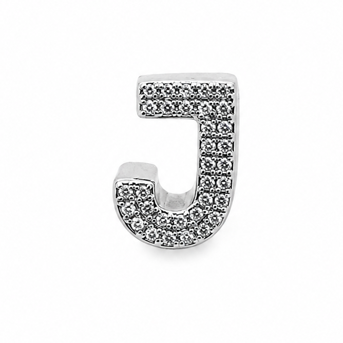 A sterling silver letter 'J' charm embellished with small clear rhinestones, shown on a clean white background.