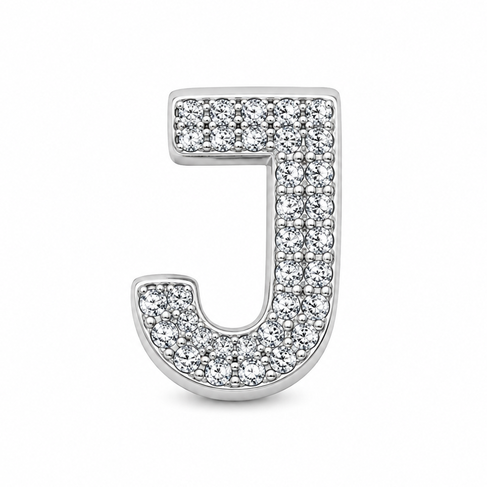 A sterling silver letter 'J' charm embellished with small clear rhinestones, shown on a clean white background.