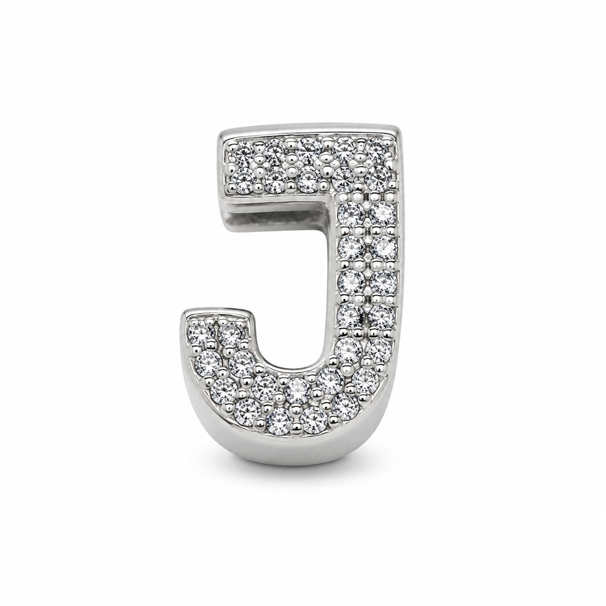 A sterling silver letter 'J' charm embellished with pave-set clear cubic zirconia stones, shown on a clean white background.