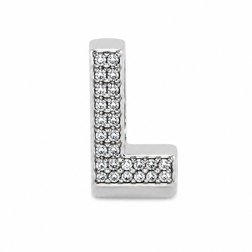 A silver letter 'L' initial pendant adorned with pavé-set clear cubic zirconia stones, shown on a plain white background.