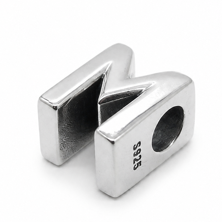 Letter M Sterling Silver Bead Charm - Fits Charm Bracelets and Necklaces.