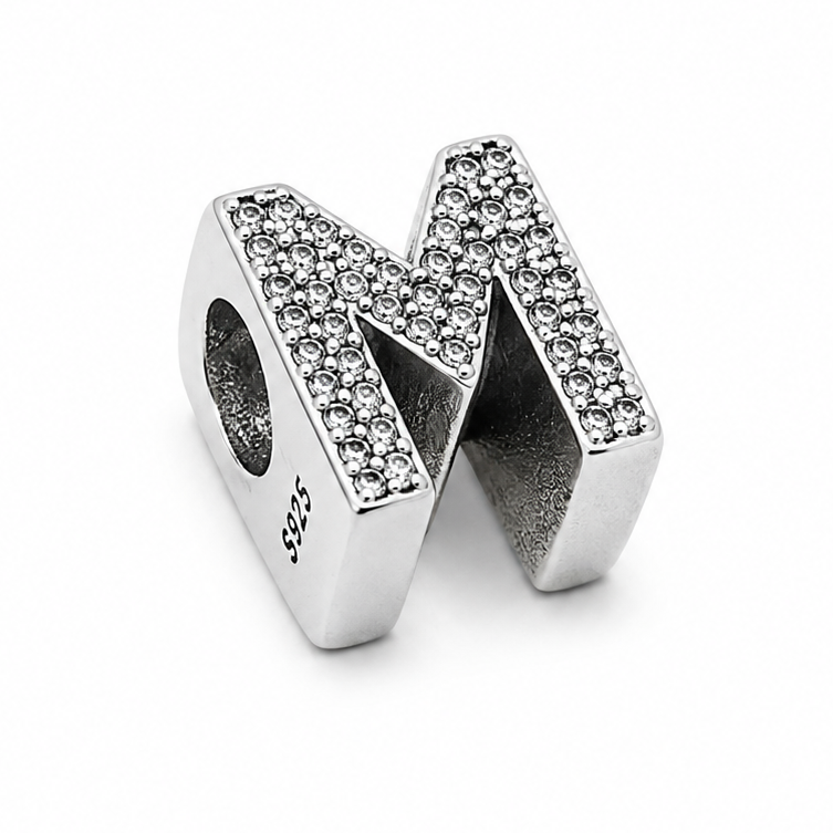 Letter M Sterling Silver Bead Charm - Fits Charm Bracelets and Necklaces.