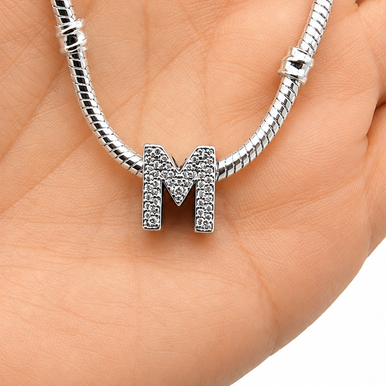 Letter M Sterling Silver Bead Charm - Fits Charm Bracelets and Necklaces.