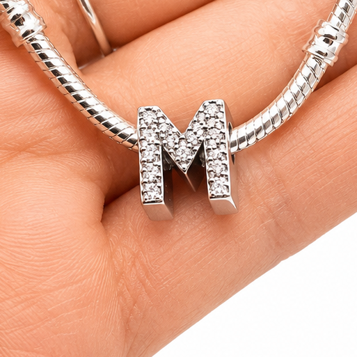 Letter M Sterling Silver Bead Charm - Fits Charm Bracelets and Necklaces.