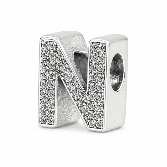 A sterling silver letter 'N' charm bead embellished with clear rhinestones, shown on a plain white background.