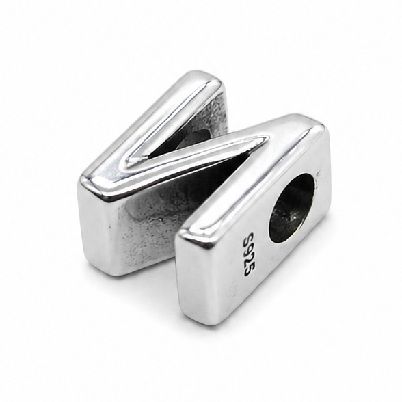 A polished silver letter 'N' bead charm with a circular hole, shown on a clean white background.