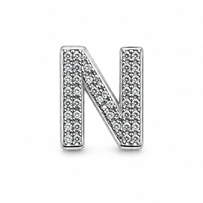 A sterling silver letter 'N' charm bead embellished with clear rhinestones, shown on a plain white background.