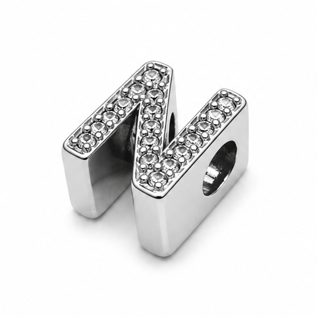 A sterling silver letter 'N' charm bead embellished with clear rhinestones, shown on a plain white background.