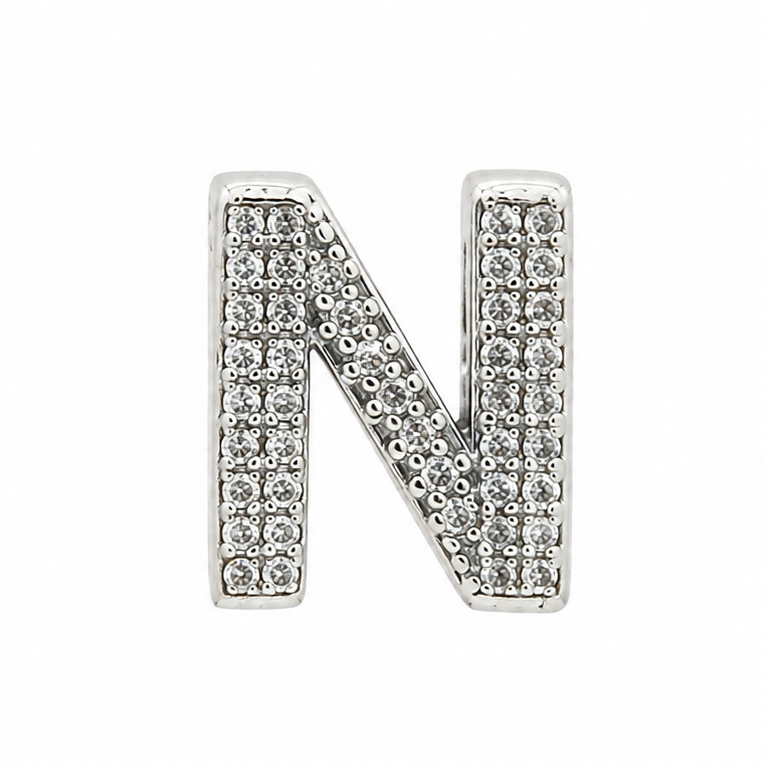 A sterling silver letter 'N' charm bead embellished with clear rhinestones, shown on a plain white background.
