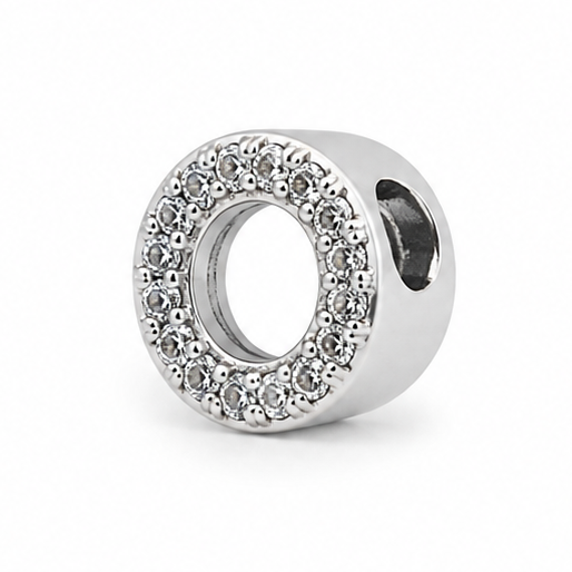 A sterling silver letter 'O' charm bead embellished with clear rhinestones, shown on a plain white background.