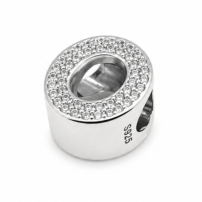 A sterling silver letter 'O' charm bead embellished with clear rhinestones and '925' silver purity stamp, shown on a plain white background.