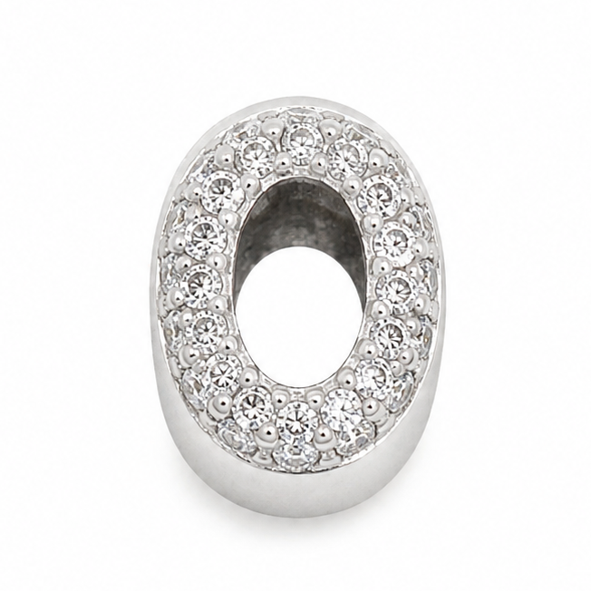 A sterling silver letter 'O' charm bead embellished with clear rhinestones 