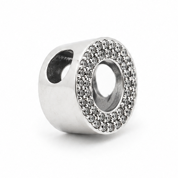 A sterling silver letter 'O' charm bead embellished with clear rhinestones 