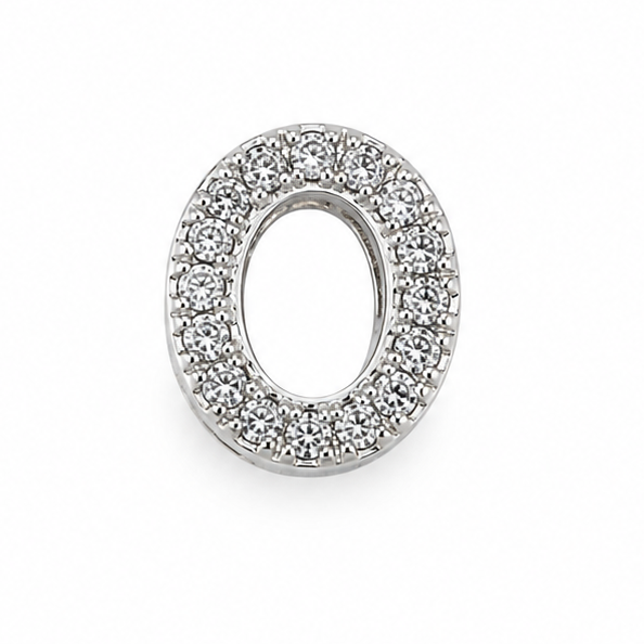 A sterling silver letter 'O' charm bead embellished with clear rhinestones 