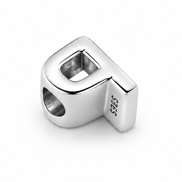 Letter P Sterling Silver Bead Charm - Fits Charm Bracelets and Necklaces.
