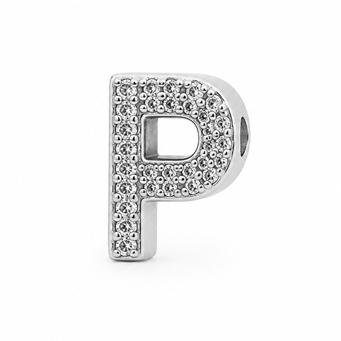 Letter P Sterling Silver Bead Charm - Fits Charm Bracelets and Necklaces.