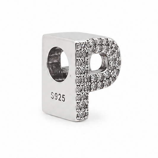 Letter P Sterling Silver Bead Charm - Fits Charm Bracelets and Necklaces.