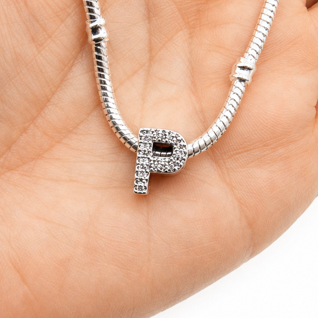 Letter P Sterling Silver Bead Charm - Fits Charm Bracelets and Necklaces.