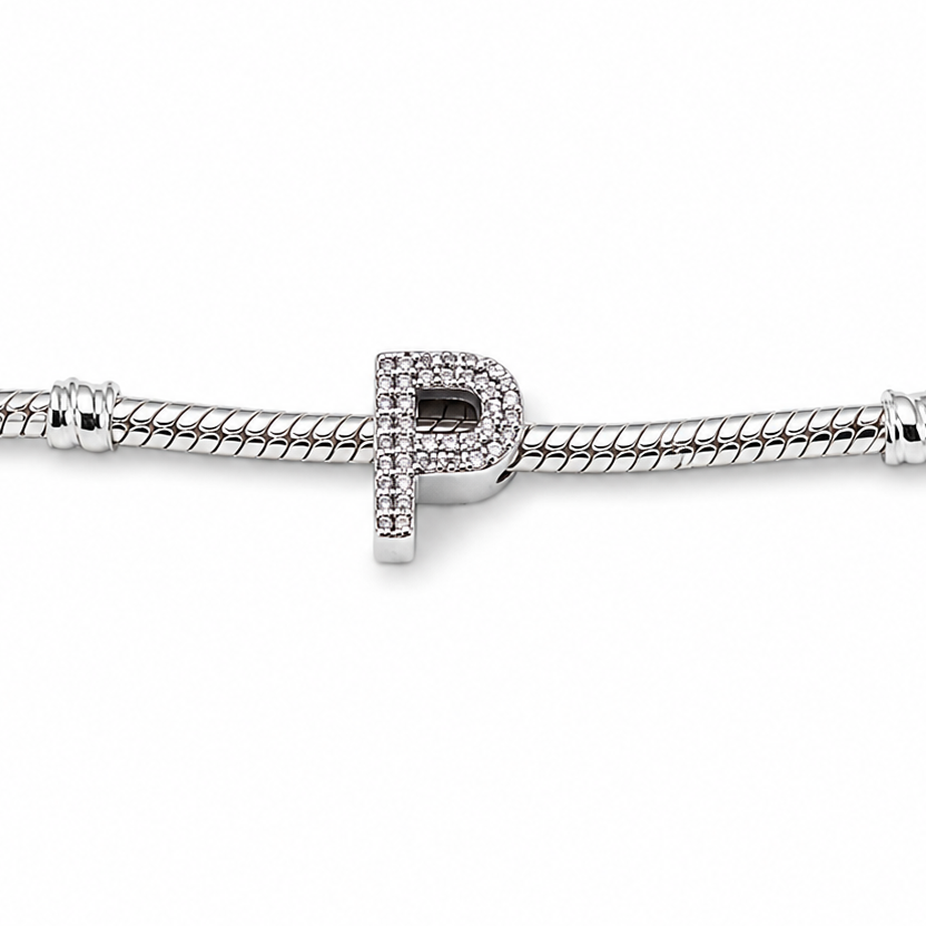Letter P Sterling Silver Bead Charm - Fits Charm Bracelets and Necklaces.