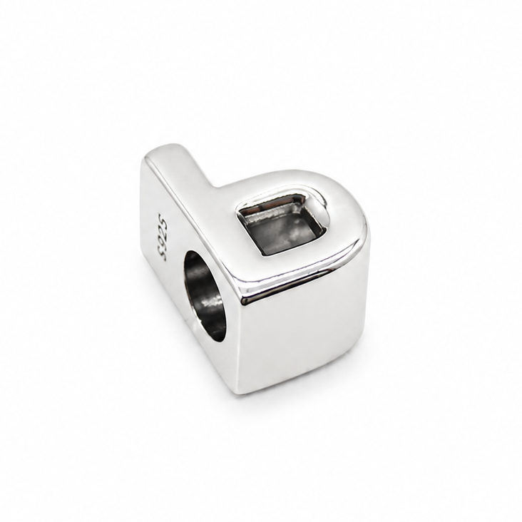 Letter P Sterling Silver Bead Charm - Fits Charm Bracelets and Necklaces.
