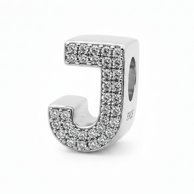 A sterling silver letter 'J' charm embellished with small clear rhinestones, shown on a clean white background.