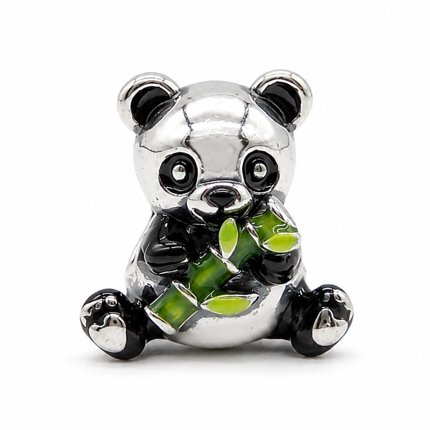 Sterling Silver Panda Charm holding Bamboo – Includes Gift Box - For Charm Bracelets