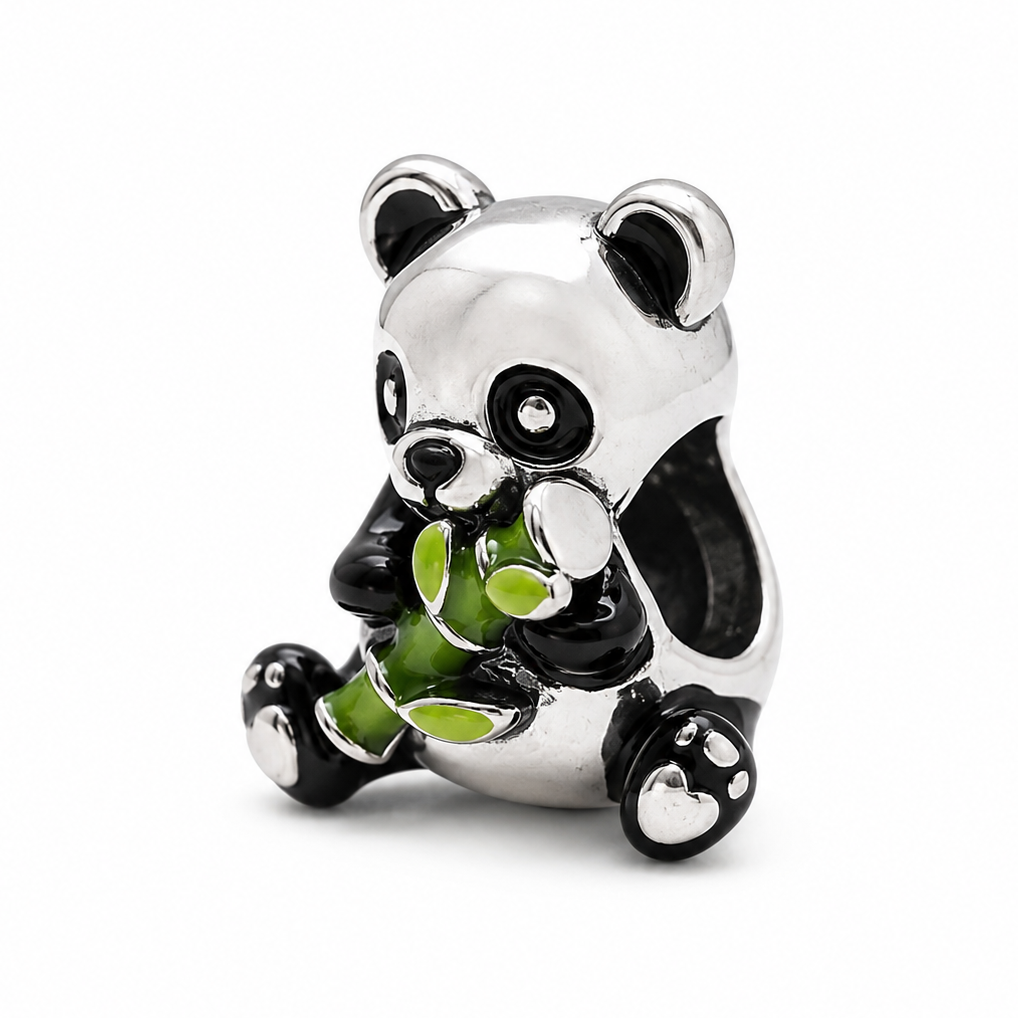 Sterling Silver Panda Charm holding Bamboo – Includes Gift Box - For Charm Bracelets