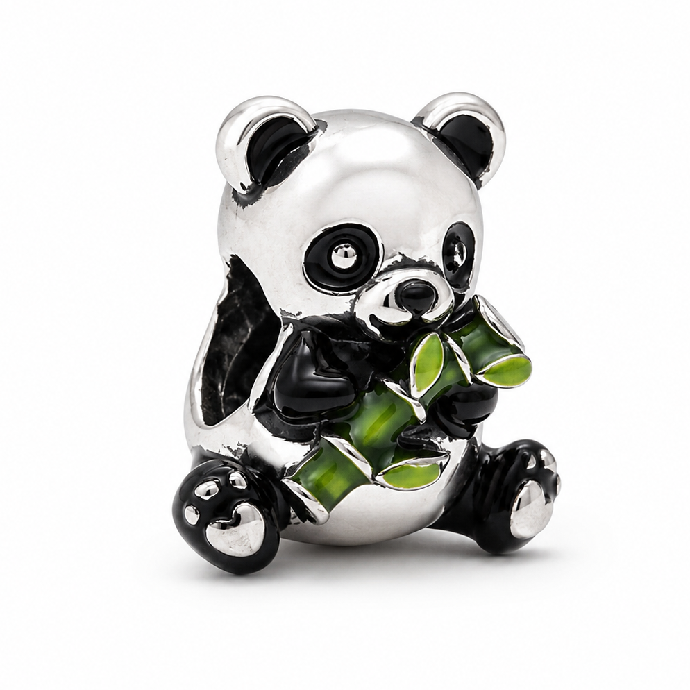 Sterling Silver Panda Charm holding Bamboo – Includes Gift Box - For Charm Bracelets