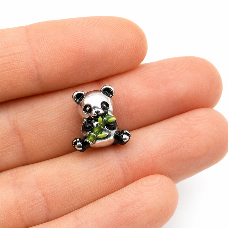 Sterling Silver Panda Charm holding Bamboo – Includes Gift Box - For Charm Bracelets