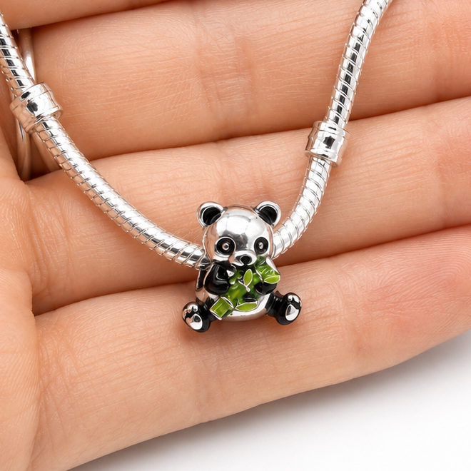 Sterling Silver Panda Charm holding Bamboo – Includes Gift Box - For Charm Bracelets