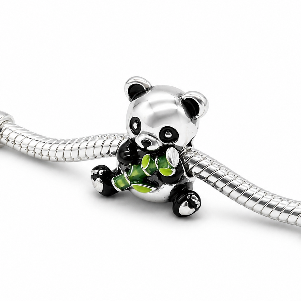 Sterling Silver Panda Charm holding Bamboo – Includes Gift Box - For Charm Bracelets