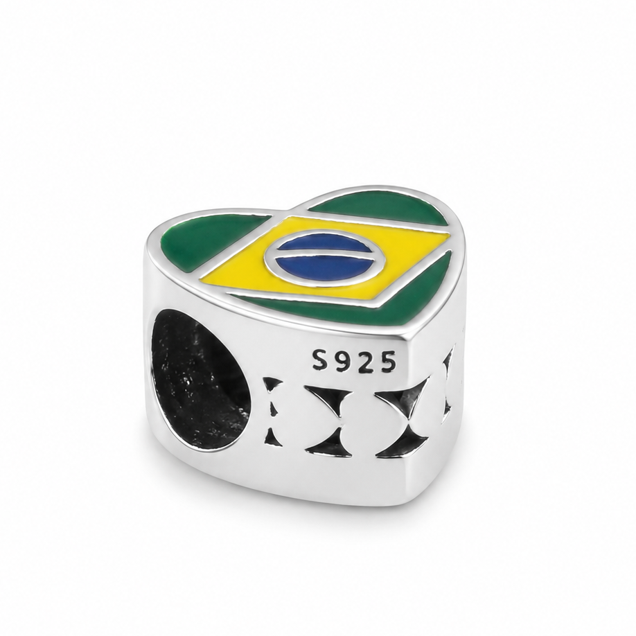 Sterling Silver Heart-Shaped Brazil Charm – Brazilian Flag – Gift Box Included