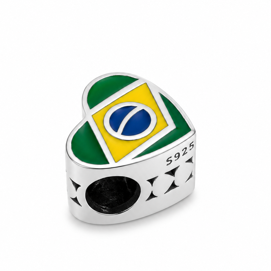 Sterling Silver Heart-Shaped Brazil Charm – Brazilian Flag – Gift Box Included