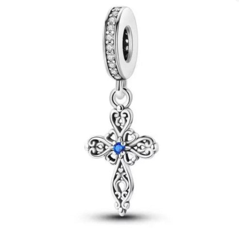 Sterling Silver Filigree Cross Charm With Gift Box - fits Charm Bracelets or a Necklace