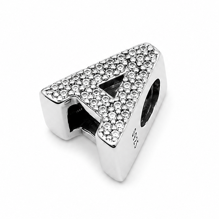 A sterling silver letter 'A' charm bead embellished with clear rhinestones, shown on a plain white background.
