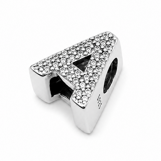 A sterling silver letter 'A' charm bead embellished with clear rhinestones, shown on a plain white background.