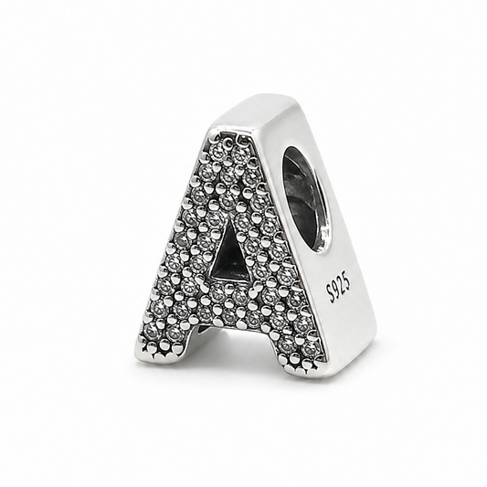 A sterling silver letter 'A' charm bead embellished with small clear rhinestones, featuring '925' silver purity stamp on the side, set against a plain white background.