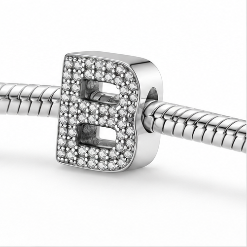 Letter B Sterling Silver Bead Charm - Fits Charm Bracelets and Necklaces.
