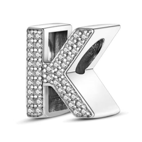 Letter K Sterling Silver Bead Charm - Fits Charm Bracelets and Necklaces.