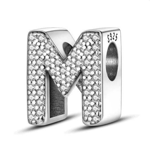 Letter M Sterling Silver Bead Charm - Fits Charm Bracelets and Necklaces.